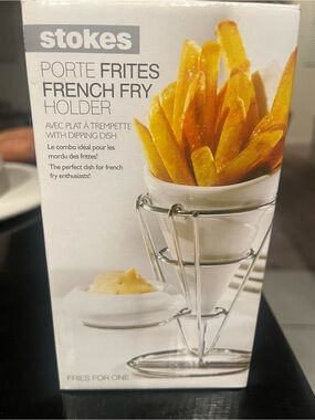 CB2 White Ceramic Cone French Fry Holder with Silver Metal Stand